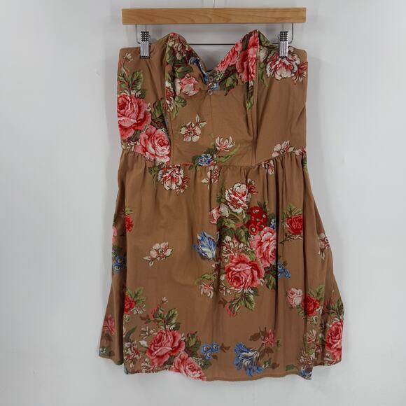 Xhilaration Dresses & Skirts - Y2K Strapless Sweetheart Tube Dress Brown Floral Mini Boho Cottagecore Size XL